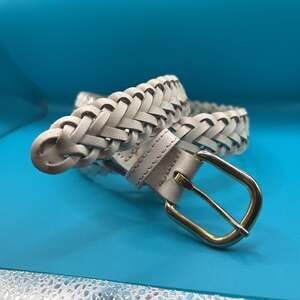 32” Vintage White Braided Genuine Leather Belt with Gold Buckle